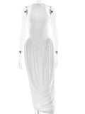 Pbong   Elegant Round Neck Draped Women Maxi Dress White Sleeveless High Waist Dress Female Summer Skinny Party Evening Dress