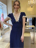 Chic Fashion Lace Polka Dot Long Dress V-neck Sexy Women Dress Navy Blue Vintege Elegant Dresses 2025 New Woman Clothing