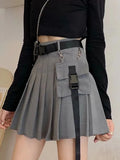 Pbong  Harajuku Belt Pleated Cargo Skirt Women Fashion Gothic High Waist Pocket Mini Skirts Fashion Summer Lady A Line Black Skirt