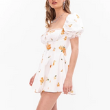 Pbong  Hit Color Printing Slimming Mini Dresses for Women Square Neck Short Leeve High Waist Temperament Dress Female