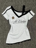 White-Gray Lace Sport Sexy Summer Off shoulder Top Women Y2k V neck Short sleeve T shirt Fashion Korean Lady Basic Tees 2025 New