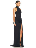 Summer Split Maxi Tank Dress Women Gown Fashion Solid Elegant High Waist Ruched Slim Evening Club Party Long Dress