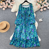 Pbong  Women Dress Spring and Autumn Fashion Print Floral Elastic Waist A-line Chiffon Dress Korean Beach Long Robe Femme