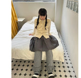 Korean Casual Women Knitted Ruffles Flare Pants Vintage Simple Fashion All Match Wide Leg Trousers Y2k Grunge Mujer Pantalones