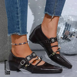 Pbong  British Vintage Beaded Mary Janes Shoes for Woman Spring Square Toe Metal Ankle Strap Pumps Woman Comfortable Heels Loafers