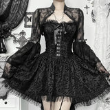 Y2K Gothic Black Lace Mesh See Through Flared Sleeve Smock Vintage Elegant Aesthetic Chains Women Fashion Tops Autumn