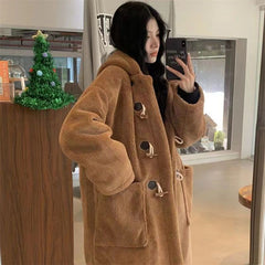 Lamb Wool Coat Women's Knee Over Mid Length Autumn/Winter New Cowhorn Button Japanese Loose Cotton Coats for Women