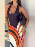 Pbong  Swirl Halter V-Neck Bodycon Maxi Dress Sleeveless Contrast Color Form-Fitting Summer Sexy Women Nightclub Evening Outfit