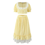 French Lace Patchwork Square Collar Top And Long Skirt Women Set Yellow Plaid Puff Sleeve T-shirt + Skirts Sweet Summer Outfits