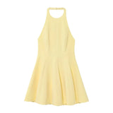 Versatile Halter Neck Backless Short Dress New A-line Zipper Solid Color Yellow Party Dress Fashion Vestidos Woman Clothing