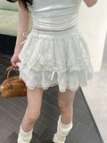 Pbong  Cute Bow White Skirts Women Sweet High Waist Lace Patchwork Mini Skirt Korean Fashion Preppy Style Lady Elegant Cake Skirts