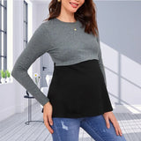 Pbong  Pregnant Women's Fashionable Solid Color Round Neck Splicing Long Sleeved T-shirt Soft Comfortable Pregnant Breastfeeding Top