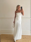 Women Solid Pleated  Hem Patchwork Long Dress Fashion Backless Strapless Sleeveless Slim Maxi Dresses Sexy Vocation Streetwear