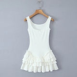 Pbong  Sexy Bow U collar Knitting cotton Tank Dress Women Low Waist Cascade Ruffles Wood ears Hem Short Dresses Femme Mini Robe