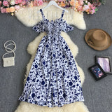 Pbong  Korean Fashion Sweet Off Shoulder Women Party Dress New Summer Floral Print Vacation Long Dress Beach Vestidos
