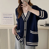 Women Cardigan Sweater Varsity Striped Front Pocket Long Sleeve Button-up Knit Sweater Jacket College Student Girl Preppy Style