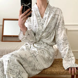 Pbong  Fashion Print Pajamas Set New Spring Autumn Women Sleepwear Lounge Wear 2PCS Robe+Trouser Pijamas Suit Loose Casual Homewear