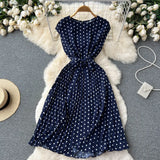 Pbong  Women Dress Y2K Sleeveless Polka Dot Print Pleated Dress with Belt Summer Fashion Lady Streetwear Outfits Vestidos