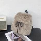 Pbong  Plush Backpack Imitation Rabbit Fur Backpack Student Girl's Large Capacity Drawstring Leopard All-Match