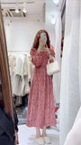 Pbong  Autumn New Corduroy Floral Dress Looks Slim High Waisted Drawstring Sweet Elegant Printed Round Neck Loose Long Sleeved Dresses