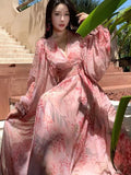 Women Autumn Floral Casual Beach Evening Party Long Dresses V Neck Vintage A-line Dress Korean Fashion Sweet Vestidos Mujer New