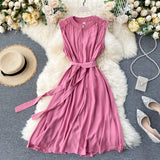 Pbong  Korean Fashion Women Dress Summer Casual Solid Sleeveless Sash Bandage Black Dress Vintage Elegant Lady Vestidos