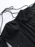Pbong  Off Shoulder Full Sleeves Sparkly Dress Sexy Halter Mini Dresses For Women Party Night Blackless Slim Fit Vestidos Mujer