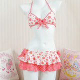 Pbong  Japanese Sweet Kawaii Summer Beach 2 Piece Sets Y2k Aesthetic Fashion Fruit Print Ruffle Bikinis Set Bow Appliques Punk Clothes