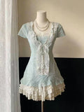 Retro Japanese Lolita Outfits Women Sweet Kawaii Tops Ruffle Mini Dress Suits Y2k Preppy Casual 2 Piece Sets
