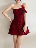 Trendix Sequins Tube Top Dress Ladies Fashion Bow Patchwork High Waist Sleeveless Mini Dress Party Sexy Off Shoulder Dress Women