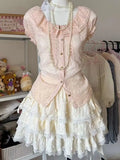 Japanese Lolita Kawaii 2000s 2 Piece Skirt Sets Sweet Lace Short Sleeve Blouse + Slim Cake Mini Skirt Y2k Harajuku Vintage Suits