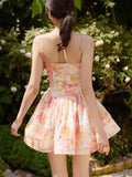 Pbong  Floral Printed Casual Chic Mini Dresss Strappy Summer Sleeveless Backless Women Ladies Party Ruffles Dresses Vestidos