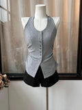 Pbong  Korean Vest Women's Clothing Single-breasted Slim Fit Tees Folds Sleeveless Square Collar Camis Backless Chic Sexy Summer Tanks