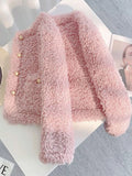 Sweet Pink Faux Lamb Coat Women Cute Slim Long Sleeve Vintage Jacket Winter Warm O Neck Elegant Korean Female Casual Tops