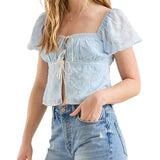 y2k Crop Tops Women Coquette Clothing Jacquard Floral Tie Front Puff Short Sleeve Shirts 2000s Clothes Streetwear