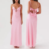 Pbong  Women's Elegant Solid Color Adjustable Thin Shoulder Straps Cutout Tie-Up Front Backless Summer Long Cami Silky Dress