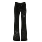 Euramerican Spice Woemn Star Hot Diamond Print Casual Pants Y2k Spliced Low Waist Drawstring Trousers Harajuku Velvet Flare Pant