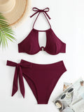 Cut-out Push Up Bikini Solid Halter Swimsuit Women High Waist Swimwear Female Bathers Bathing Swimming Swim Suit Beachwear