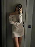 Thin Transparent Knit Tight Short Dress Sexy Backless Bikini Swimsui Cover-ups 2025 New Long Sleeve O-neck Sheer Summer Dress