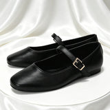 Pbong  Designer Brand Black Ballet Flats Women Fashion Metal Belt Buckle Mary Jane Shoes Elegant Light Shallow Casual Shoes