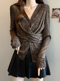 Pbong  Oversized Fashion Vintage T Shirts Leopard Irregular Patchwork Forked Blouses Female Slim Design Tops All Match Women's Clothing