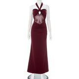 Hollow Out Halter Sexy Maxi Dress Women Gown Summer New See Through Mesh Sleeveless Backless Bodycon Club Long Dress