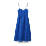 Fashion Hollow Out Embroider Spaghetti Strap Long Dress Blue Vaation Beach Casual Women Dress Loose Female Summer Vestidos