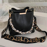 Pbong  Elegant Large Capacity Leather Bucket Bag with Chain Handle Scarf Detachable Wide Crossbody Bag Strap Fashion Shoulder Purse