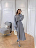 Autumn Winter Vintage Solid Long Sleeve Knitted Sweater Dress Women V Neck Slim Vest Dresses+ Lantern Sleeve Loose Tops Set