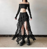 Elegant Tulle Ruffle Skirt Women Boho Lace Vintage White Irregular Skirt Korean Style Summer Layered Mid Skirts Street