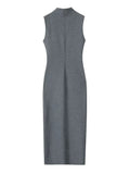 Elegant Women Solid Slim Dress Autumn New Female Simplicity Design Long Dress Fashion Rear Split Sleeveless Dress