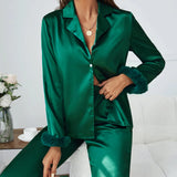 Pbong  Spring New Female 2PCS Solid Pajamas Set Loose Casual Sleepwear Long Sleeve Trouser Suits Silky Satin Home Wear Loungewear