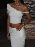 Solid Slim Long Skirt Suit For Women Slanted Shoulder Tank Top Sexy Ruched Splice High Waist Skirt Sets Summer New Ladies