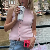 Pbong  Women Sweater Vest Elegant Front Button Round Neck Cardigan Crop Tops Chic Fashion Tank Tops Casual Streetwear